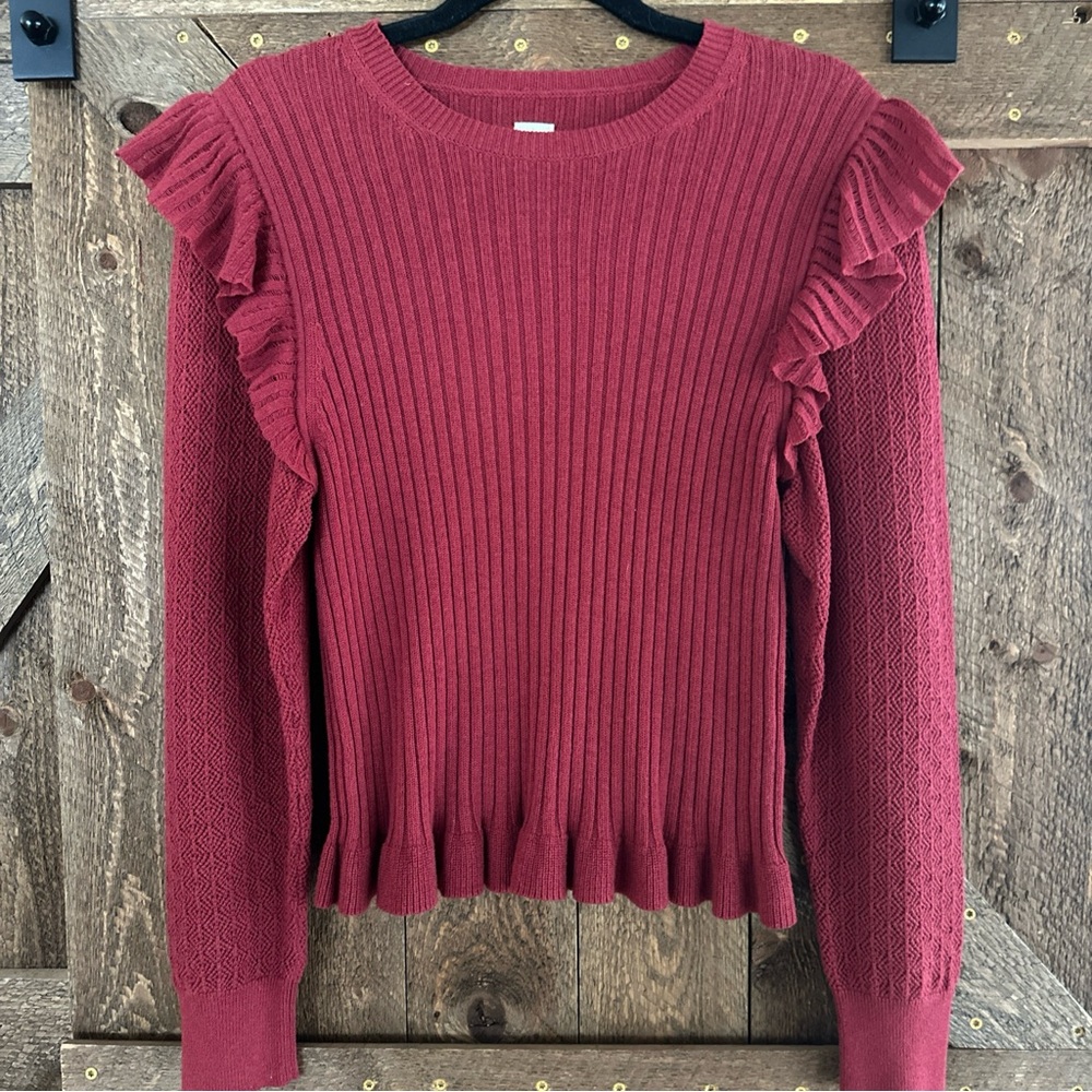 Rebecca Taylor La Vie Red Romantic Ruffled Knit Sweater